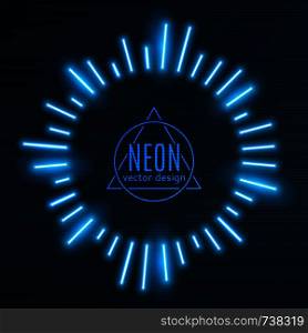 Neon blue frame sunburst shape glowing rays of light, vector background illustration