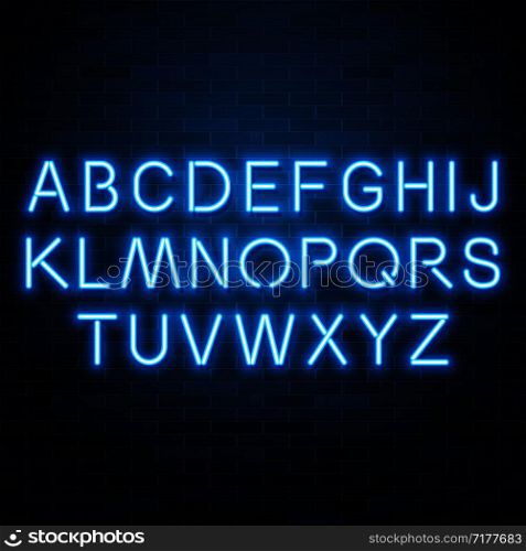 Neon blue vector alphabet, set of realistic fluorescent glowing letters