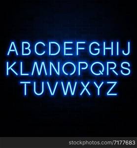 Neon blue vector alphabet, set of realistic fluorescent glowing letters