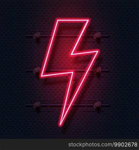 Neon bolt. Realistic signboard of electric flash. Zigzag shaped red l&. Lightning symbol. Illuminated billboard on dark textured wall. Isolated decorative interior element. Vector signage mockup. Neon bolt. Realistic signboard of electric flash. Zigzag shaped l&. Lightning symbol. Illuminated billboard on dark textured wall. Decorative interior element. Vector signage mockup