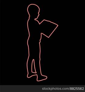 Neon boy reading book standing Teen male with open book in his hands Cute schoolboy read Ready to back to school concept Education online learning red color vector illustration image flat style light. Neon boy reading book standing Teen male with open book in his hands Cute schoolboy read Ready to back to school concept Education online learning red color vector illustration image flat style