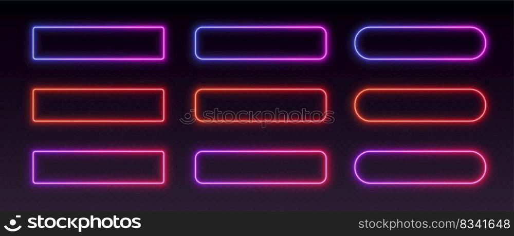 Neon button frames, gradient glowing borders, isolated UI elements. Action button decoration with various corner radius. Vector illustration.. Neon frames, gradient glowing borders, isolated UI action buttons