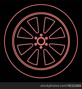 Neon car wheel red color vector illustration flat style light image. Neon car wheel red color vector illustration flat style image