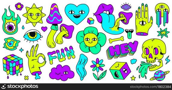 Neon cartoon psychedelic hippy stickers with mushrooms and eyes. Hallucination elements, heart, skull, emoji and ok hand. Groovy vector set of psychedelic and hallucination elements. Neon cartoon psychedelic hippy stickers with mushrooms and eyes. Hallucination elements, heart, skull, emoji and ok hand. Groovy vector set