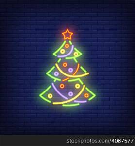 Neon Christmas tree with ornaments. Festive design element. Celebration concept for night bright advertisement. Vector illustration in neon style for Christmas, New Year, holiday