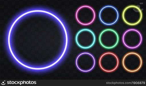 Neon circle Border with copy space. Templates set of Neon Frame. Geometric glow outline shape or laser glowing lines. Vector illustration.. Neon circle Border with copy space