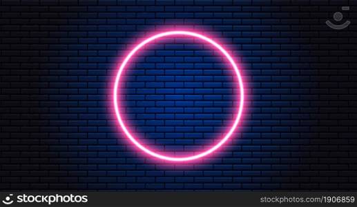 neon circle on black background. Futuristic Sci Fi Modern Neon Glowing Circle Frame for Banner on Dark Empty Brick Background. Retro Neon Sign. Vector illustration.. neon circle on black background