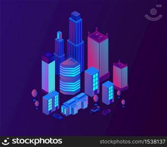 Neon city street design with buildings. Urban houses and skyscapers with parked cars. Cityscape with illumination of electrical construction vector illustration.