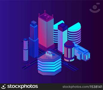 Neon city with modern and futuristic architecture. Urban future megapolis illuminated highway. Innovation in night town cartoon vector illustration.