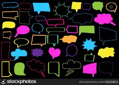 Neon color speech bubbles icon set on black background. Chat emblem. Message symbol. Vector illustration. Stock image. EPS 10.. Neon color speech bubbles icon set on black background. Chat emblem. Message symbol. Vector illustration. Stock image.