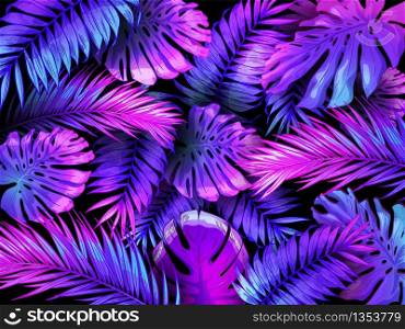 Neon color tropical leaves. Trendy colorful palm tree leaf, jungle background and purple exotic plants leaves vector wallpaper illustration. Jungle monstera palm, botanic repetition colored background. Neon color tropical leaves. Trendy colorful palm tree leaf, jungle background and purple exotic plants leaves vector wallpaper illustration