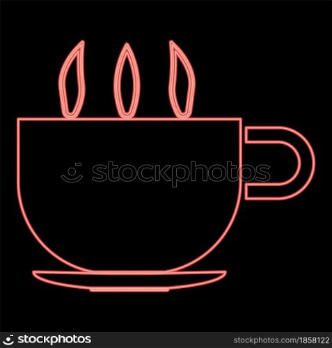 Neon cup with hot tea or coffe red color vector illustration flat style light image. Neon cup with hot tea or coffe red color vector illustration flat style image