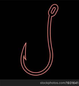 Neon fish hook red color vector illustration flat style light image. Neon fish hook red color vector illustration flat style image
