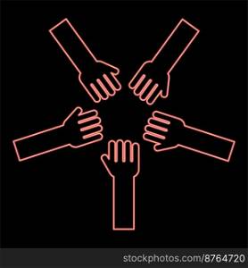 Neon five hands Group arms Many hands connecting Open palms People putting their hands together Stack hands concept unity red color vector illustration image flat style light. Neon five hands Group arms Many hands connecting Open palms People putting their hands together Stack hands concept unity red color vector illustration image flat style