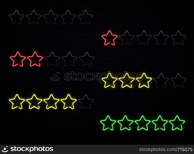 Neon five stars. Golden illuminated star neons lamps, night led hotel rating brick wall or private club event quality certificate. Premium elegant casino walls neon stars vector illustration. Neon five stars. Golden illuminated star neons lamps vector illustration