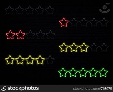 Neon five stars. Golden illuminated star neons lamps, night led hotel rating brick wall or private club event quality certificate. Premium elegant casino walls neon stars vector illustration. Neon five stars. Golden illuminated star neons lamps vector illustration