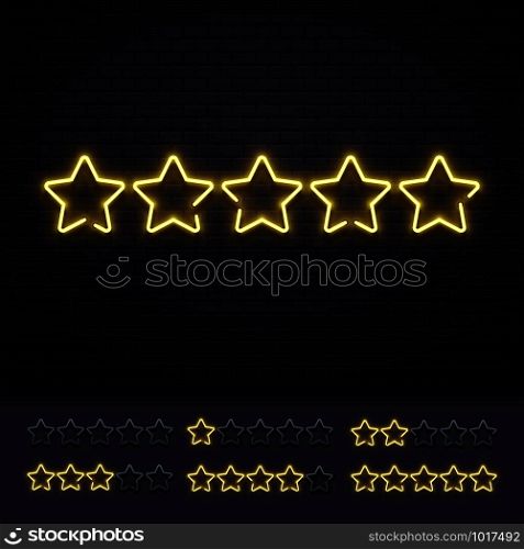 Neon five stars. Golden illuminated star neons lamps on brick wall. Gold light luxury rating party stars led light sign for music club show or glow neon casino billboard vector illustration. Neon five stars. Golden illuminated star neons lamps on brick wall. Gold light luxury rating sign vector illustration