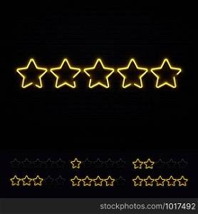 Neon five stars. Golden illuminated star neons lamps on brick wall. Gold light luxury rating party stars led light sign for music club show or glow neon casino billboard vector illustration. Neon five stars. Golden illuminated star neons lamps on brick wall. Gold light luxury rating sign vector illustration