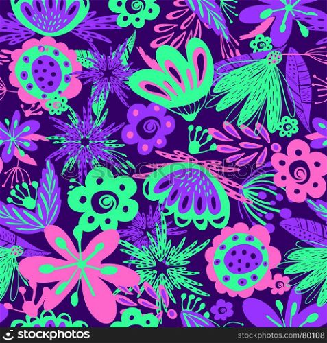 Neon floral seamless background. Floral Tropical neon colors, bright print. Vector boho seamless background