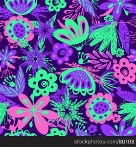 Neon floral seamless background. Floral Tropical neon colors, bright print. Vector boho seamless background