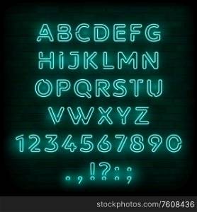 Neon font of alphabet letters and numbers. Blue neon type vector design of uppercase letters, digits and punctuation marks made of bright glowing tubes with gas on dark background of brick wall. Blue neon font or type of letter and numbers