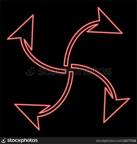 Neon four arrows loop from center red color vector illustration image flat style light. Neon four arrows loop from center red color vector illustration image flat style
