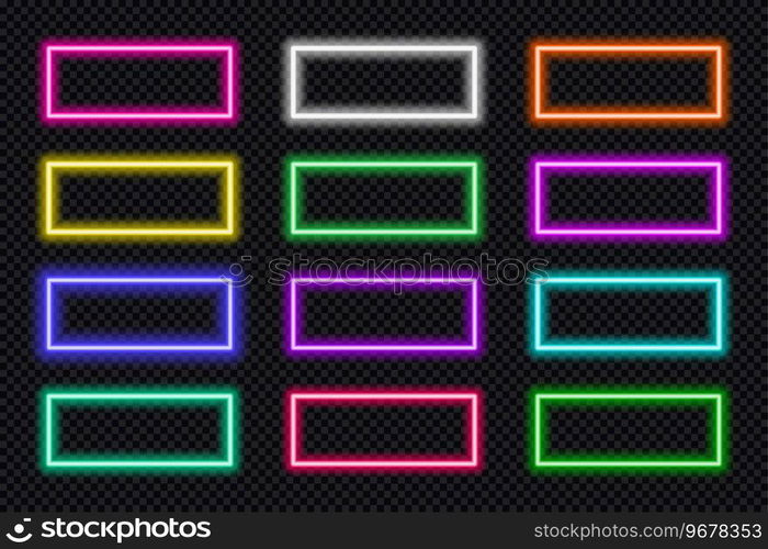 Neon frame button rectangle set. Glowing coloful rectangular border. Geometric shape action UI elements with copy space. Purple, blue, pink, yellow, green, red text boxes. Vector illustration. Neon frame button rectangle set. Glowing coloful rectangular border. Geometric shape action UI elements with copy space. Purple, blue, pink, yellow, green, red text boxes. Vector illustration.