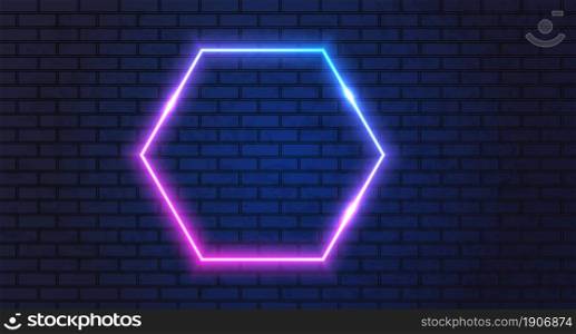 Neon frame for your design. neon hexagon lights sign. abstract neon background for signboard or billboard. Geometric glow outline shape or laser glowing lines. Vector illustration.. Neon frame for your design