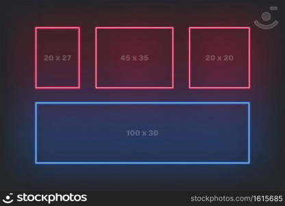 Neon frame rectangle border shiny collection. Led l&frames shine bright on dark background.