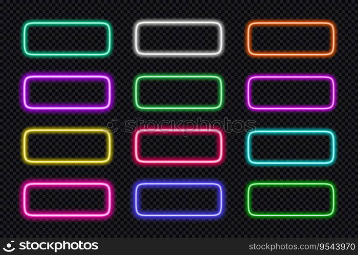 Neon frame rounded rectangle set. Glowing coloful rectangular border. Geometric shape action button UI elements with copy space. Purple, blue, pink, yellow, green, red text boxes. Vector illustration. Neon frame rounded rectangle set. Glowing coloful rectangular border. Geometric shape action button UI elements with copy space. Purple, blue, pink, yellow, green, red text boxes. Vector illustration.