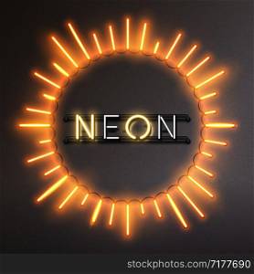 Neon frame sunburst shape glowing rays of light, vector background illustration