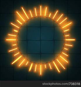 Neon frame sunburst shape glowing rays of light, vector background illustration