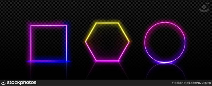 Neon frames square, circle and hexagon shapes. Electric light banners for night club or casino, glowing borders with gradient colors, vector realistic set isolated on transparent background. Neon frames square, circle and hexagon shapes