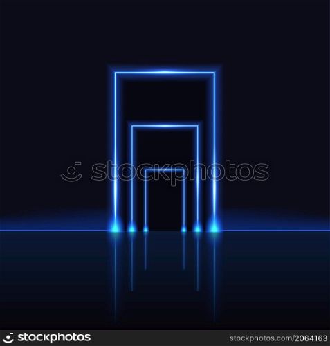 Neon gate, blue glowing light laser beam frame, magic or techno futuristic portal. Mystic neon door opening to galaxy space worlds, shiny design element on dark background. Vec tor illustration