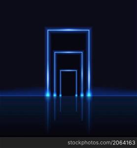 Neon gate, blue glowing light laser beam frame, magic or techno futuristic portal. Mystic neon door opening to galaxy space worlds, shiny design element on dark background. Vec tor illustration