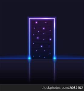 Neon gate or portal to galaxy space. Purple and blue frame with glowing light, laser beams, star sky in neon door opening. Magic fantasy or techno cosmic vector illustration
