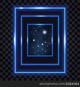 Neon gate, portal to galaxy space. Blue glowing light rectangular portal frame, cosmic night sky with star nebula. Magic fantasy or cyber techno vector illustration, isolated on transparent background