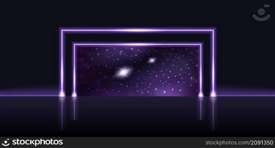 Neon gate, portal to galaxy space. Purple glowing door to cosmic world with star nebula, magic or techno futuristic design element. Dark night sky, vector illustration