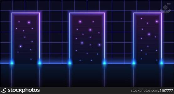Neon gate to galaxy space.Virtual reality cyberpunk design, room with neon glowing light effect, portal to starry night sky. Synthwave or vaporwave 80s style background. Vector illustration