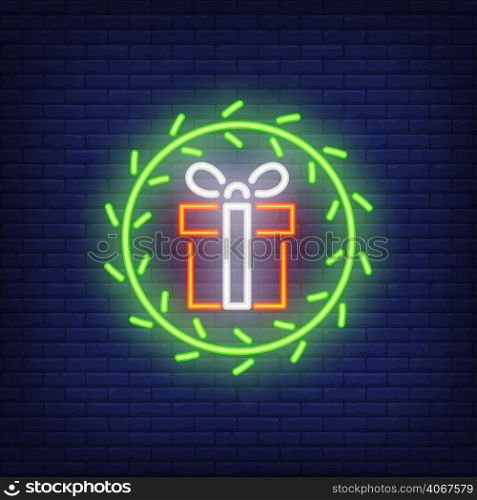 Neon gifts in fur wreath. Night bright advertisement element. Vector illustration in neon style for Christmas, New Year, holiday, festive design