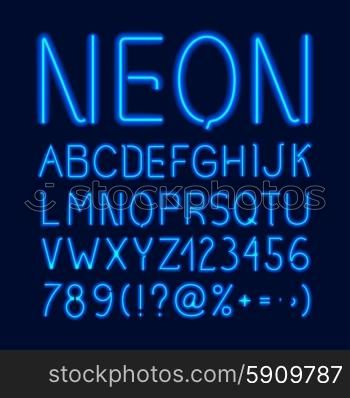 Neon glow alphabet with blue letters numbers and symbols isolated on dark background vector illustration. Neon Glow Alphabet