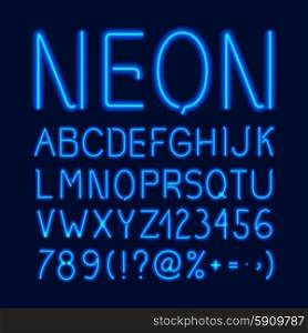 Neon glow alphabet with blue letters numbers and symbols isolated on dark background vector illustration. Neon Glow Alphabet