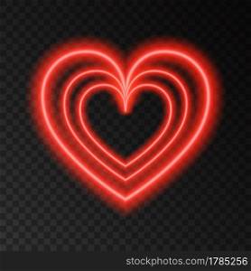 Neon glow red heart. Love.  Light effect for Happy Valentine’s Day banner, greeting card . Laser  sign on transparent background. Vector design element.