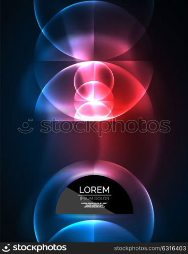 Neon glowing glass transparent circles, background. Neon glowing glass transparent circles, abstract background. Techno template, vector illustration, magic energy concept