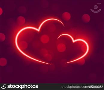 neon glowing hearts on bokeh background