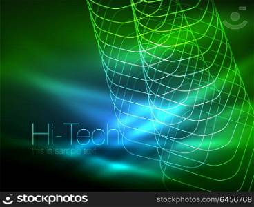 Neon glowing outline squares in dark. Neon glowing outline squares in dark, shiny light magic effect, geometric minimal template. Vector illustration
