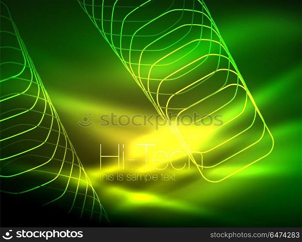 Neon glowing outline squares in dark. Neon glowing outline squares in dark, shiny light magic effect, geometric minimal template. Vector illustration