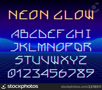 Neon glowing retro game laser font or a typeset with letters and digits for 80s styled party poster or banner