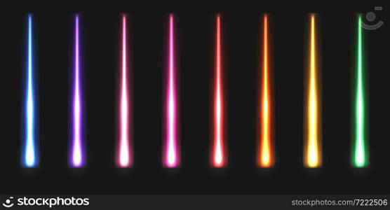 Neon glowing sticks, colorful laser beams, rainbow iridescent spectrum. Light thunder bolt effect, fluorescent electric shiny flash explosion. Isolated line rays. Vector illustration.