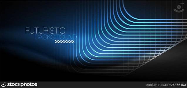Neon glowing techno lines. Neon glowing techno lines, blue hi-tech futuristic abstract background template with square shapes